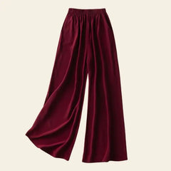 Pantalon long élastique à jambes larges en soie véritable couleur bordeaux