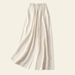 Pantalon long élastique à jambes larges en soie véritable couleur crème