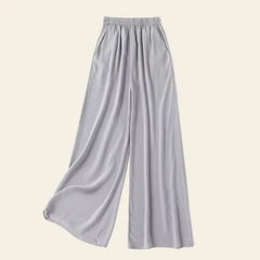 Pantalon long élastique à jambes larges en soie véritable couleur gris clair