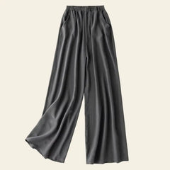 Pantalon long élastique à jambes larges en soie véritable couleur gris foncé