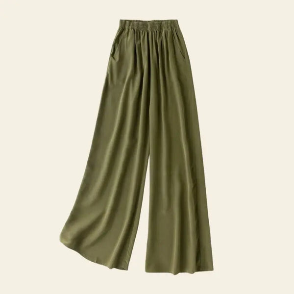 Pantalon long élastique à jambes larges en soie véritable couleur kaki
