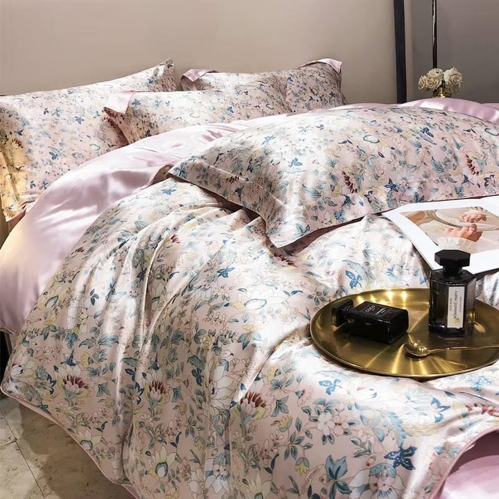 Parure de lit en soie rose clair