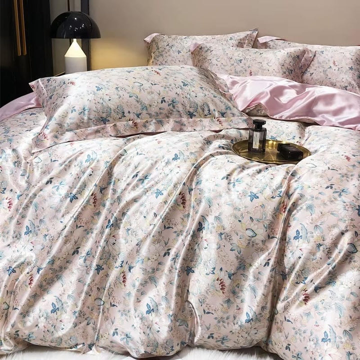 Parure de lit en soie rose clair