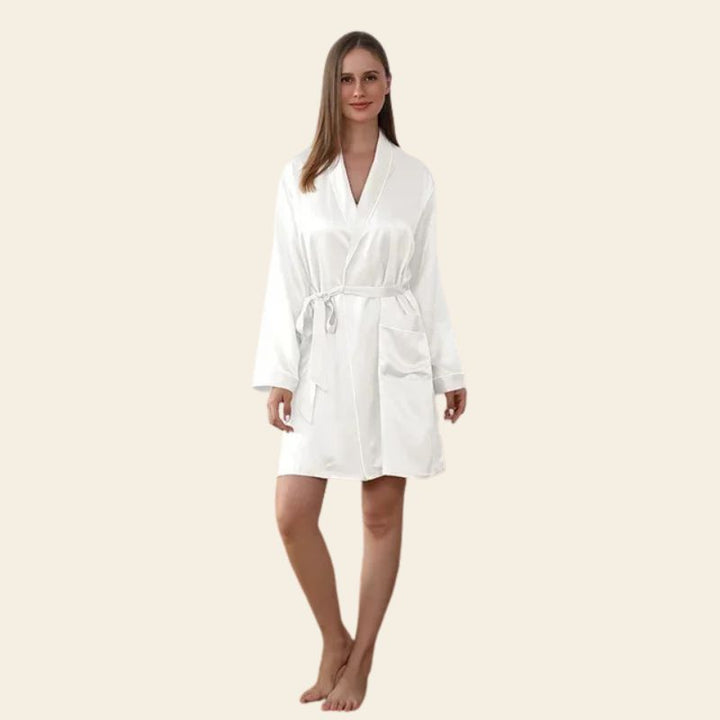 Peignoir court manches longues avec liseré blanc en soie de mûrier blanc