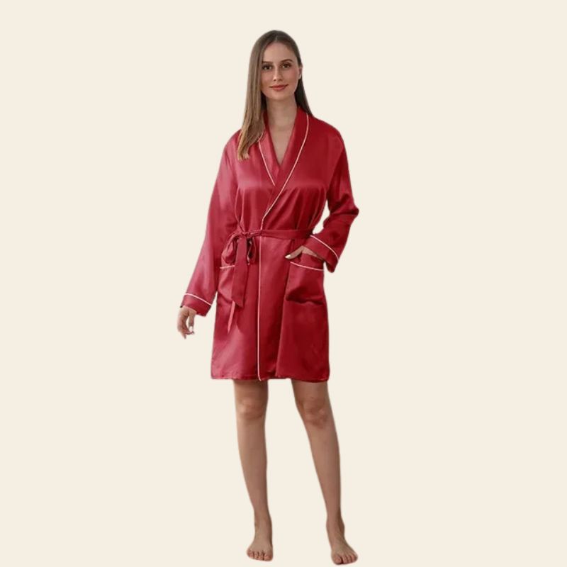 Peignoir court manches longues avec liseré blanc en soie de mûrier rouge