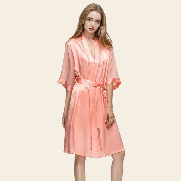 Peignoir mi-long manches 3/4 en soie et dentelle rose