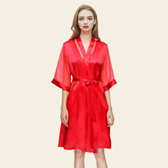 Peignoir mi-long manches 3/4 en soie et dentelle rouge