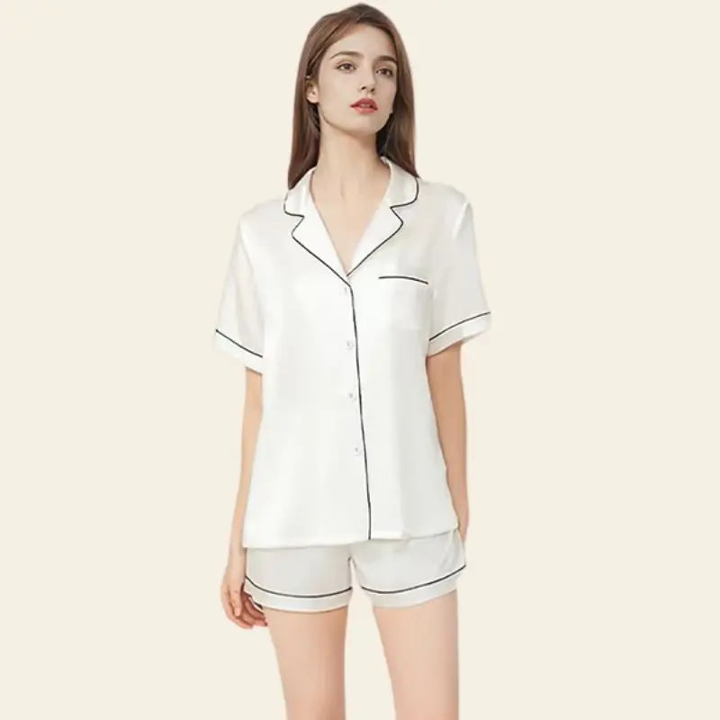 Pyjama 2 pièces manches courtes en soie de mûrier naturelle blanc