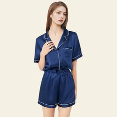 Pyjama 2 pièces manches courtes en soie de mûrier naturelle bleu marine