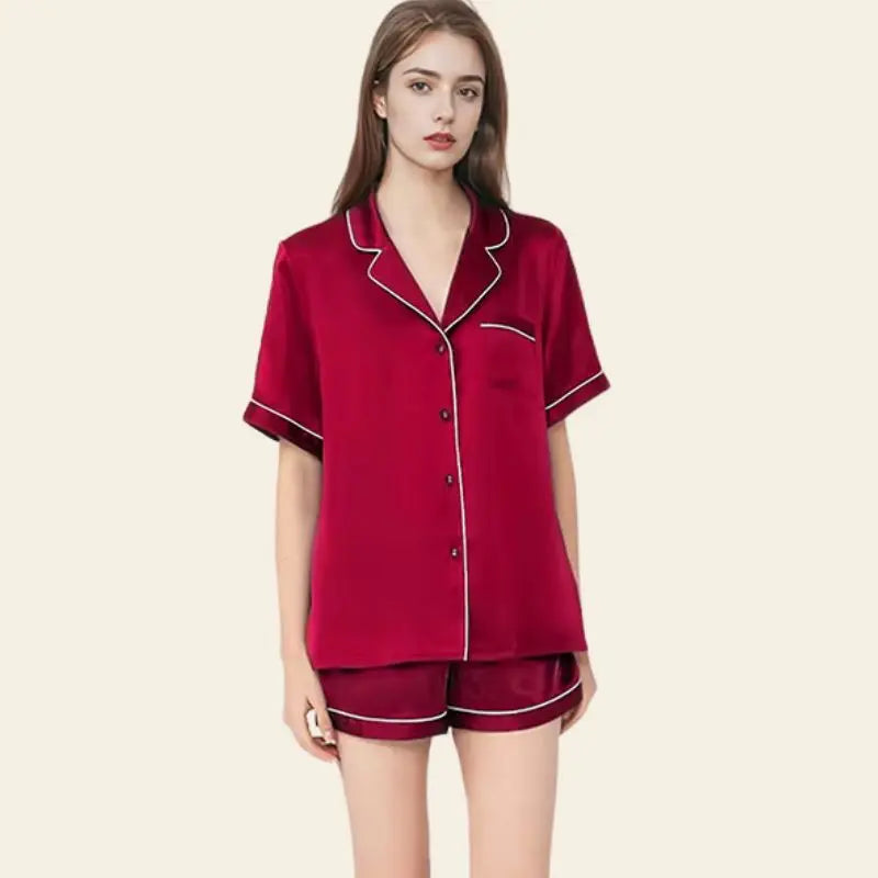 Pyjama 2 pièces manches courtes en soie de mûrier naturelle bordeaux