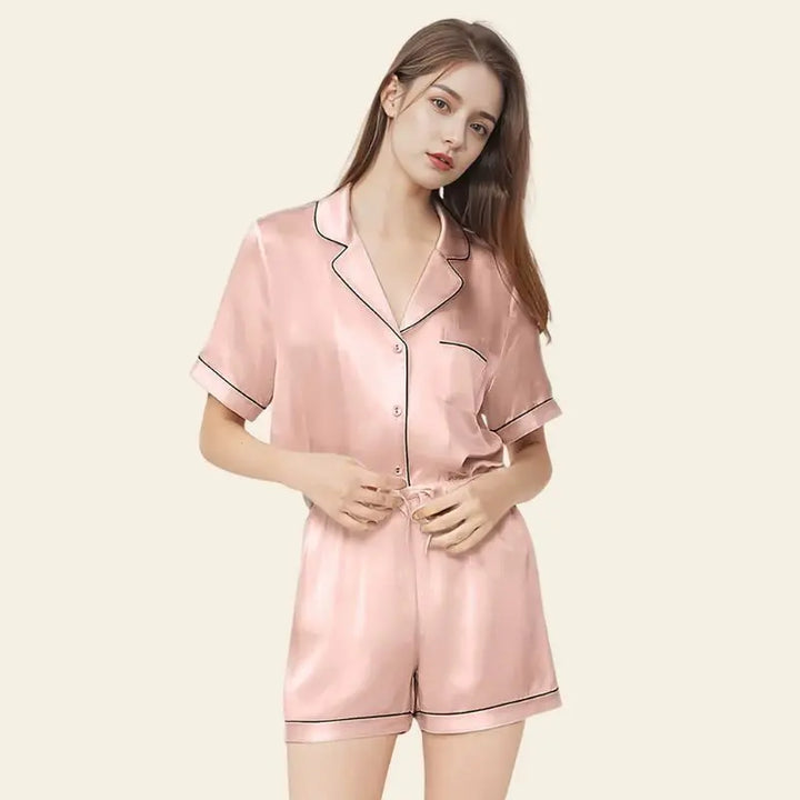 Pyjama 2 pièces manches courtes en soie de mûrier naturelle rose