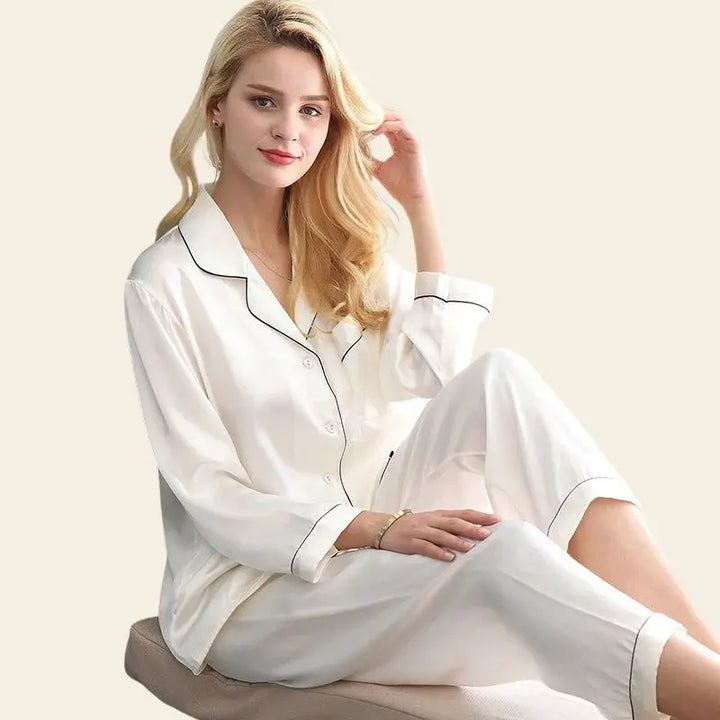 Pyjama en soie de mûrier naturelle 2 pièces couleur blanche