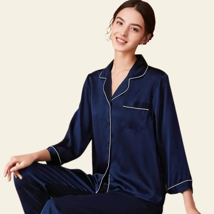 Pyjama en soie de mûrier naturelle 2 pièces couleur bleu marine