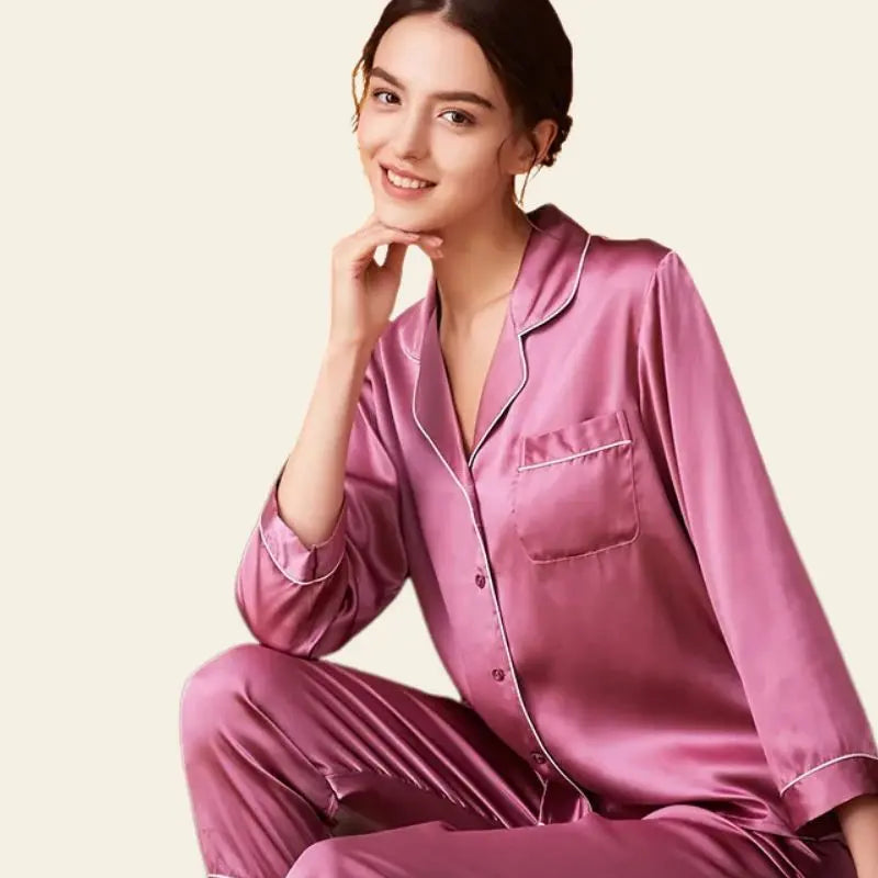 Pyjama en soie de mûrier naturelle 2 pièces couleur rose fushia