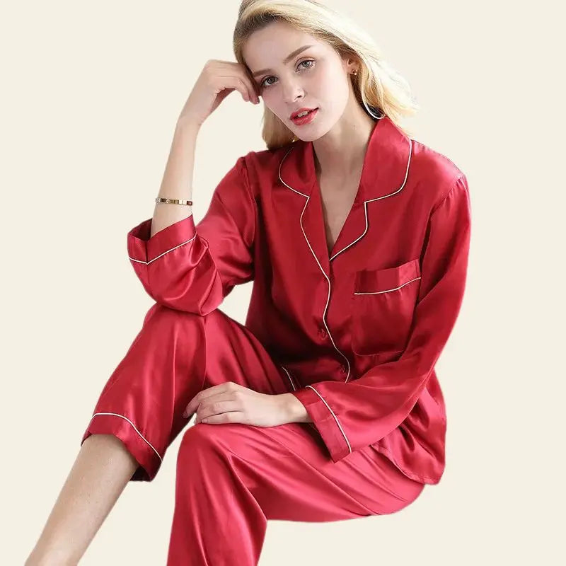 Pyjama en soie de mûrier naturelle 2 pièces couleur rouge