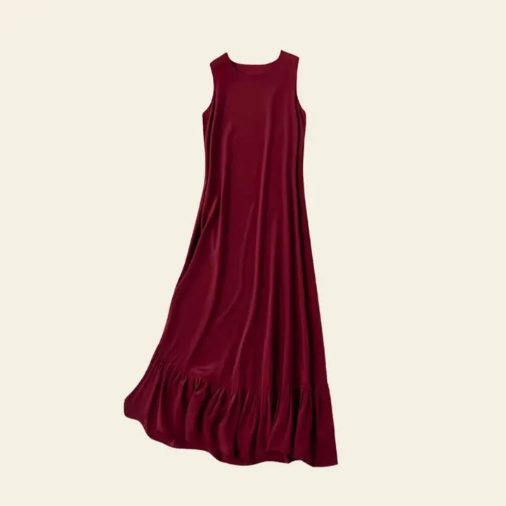 Robe bordeaux longue sans manches évasée en soie de mûrier