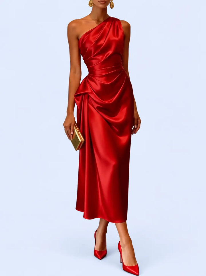 Robe cocktail plissée asymétrique en satin l Satin Lifestyle