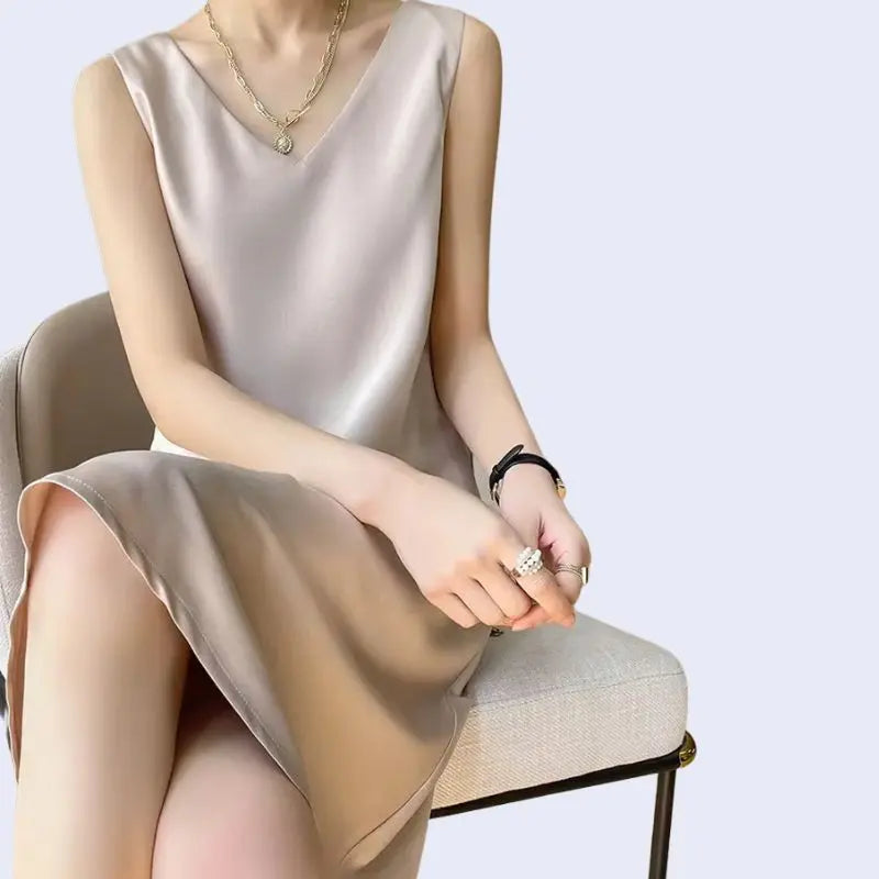 Mannequin assis portant une robe élégante unie sans manches en satin beige