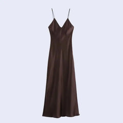 Robe longue à bretelles fines en satin de polyester couleur brun