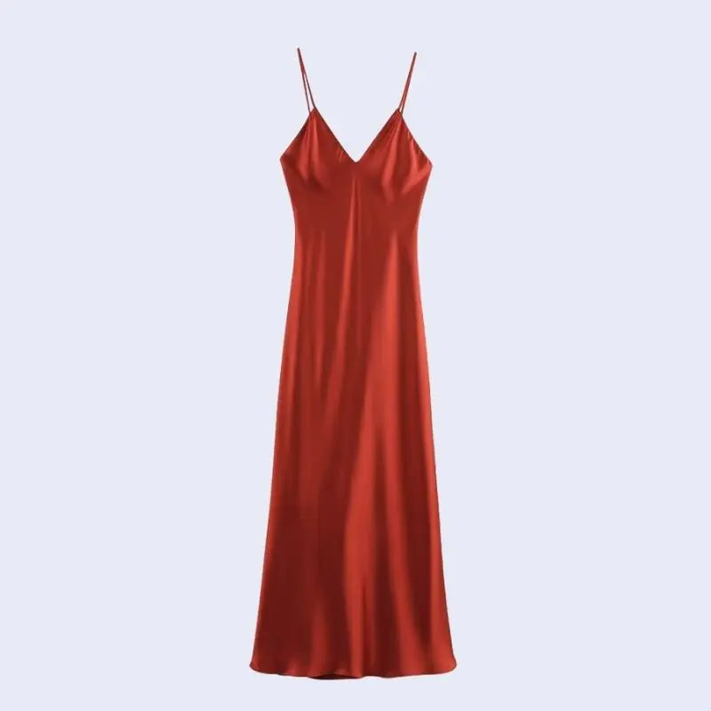 Robe longue à bretelles fines en satin de polyester couleur corail