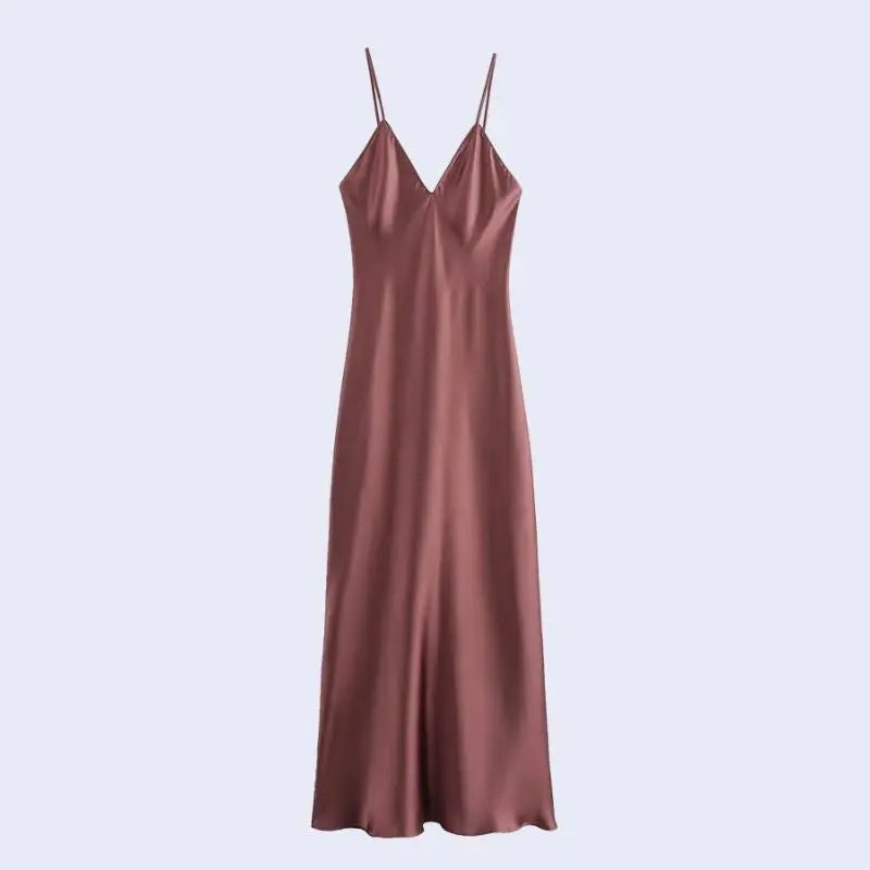 Robe longue à bretelles fines en satin de polyester couleur prune