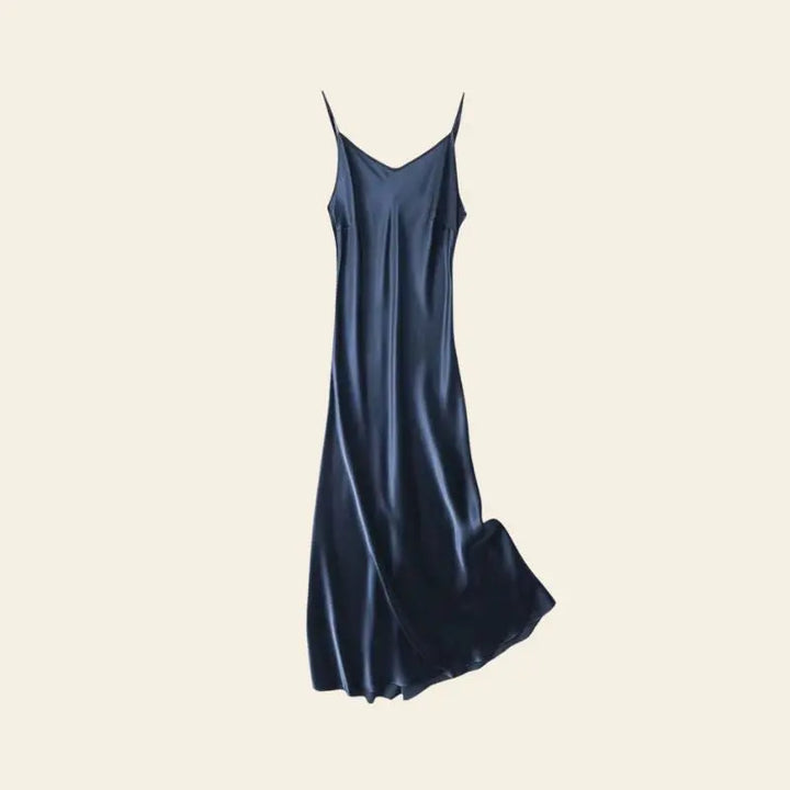 Robe longue décontractée brillante pure soie couleur bleu marine