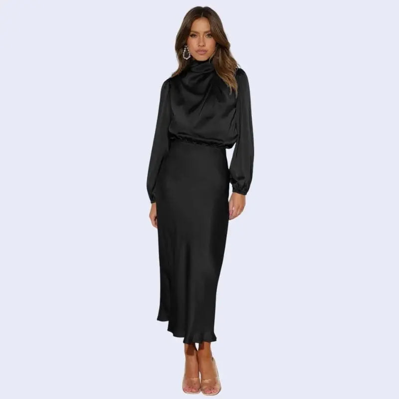 Robe longue manches bouffantes et col montant en satin noire