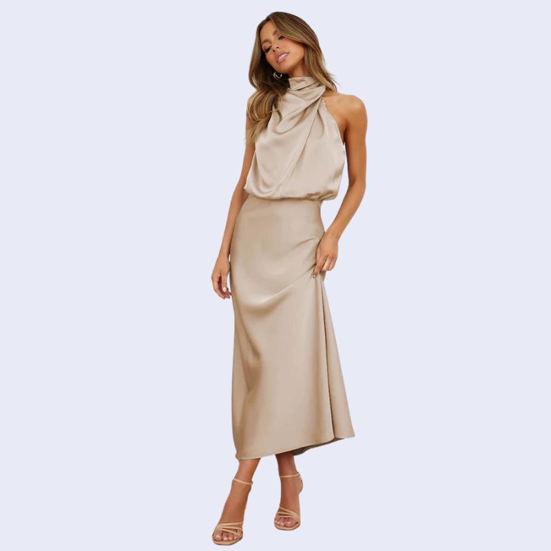 Robe longue sans manches col montant en satin couleur beige