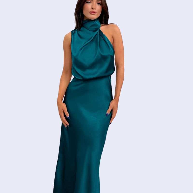 Robe longue sans manches col montant en satin couleur bleu canard