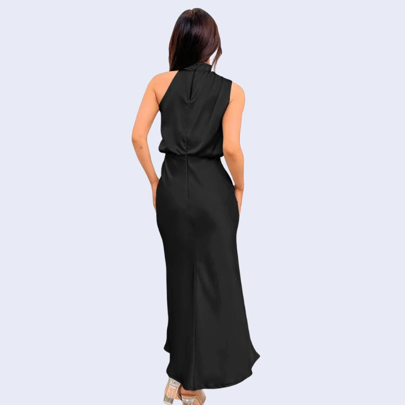 Robe longue sans manches col montant en satin couleur noire dos