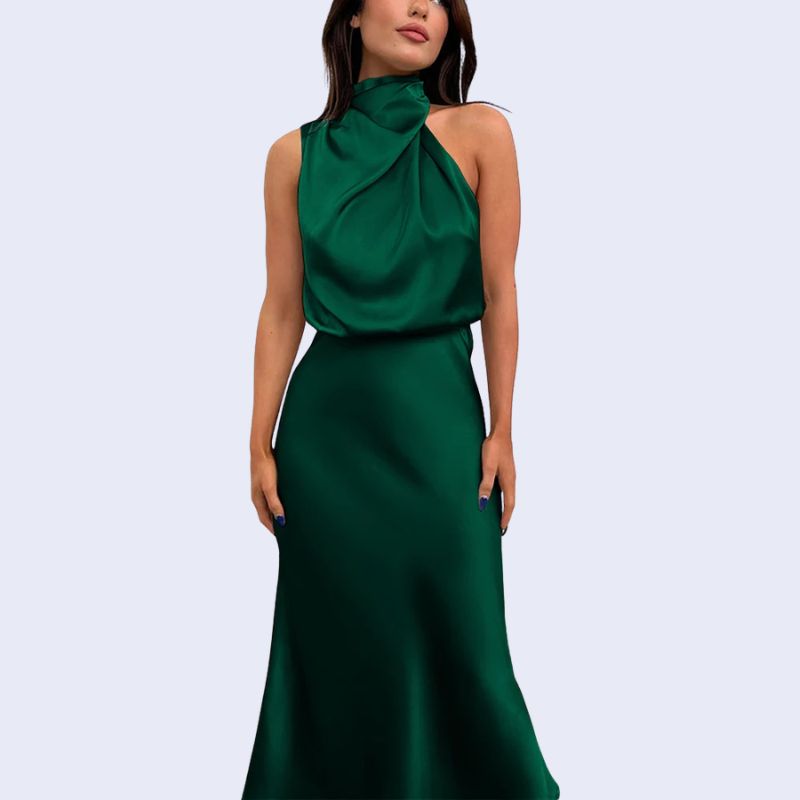 Robe longue sans manches col montant en satin couleur vert forêt
