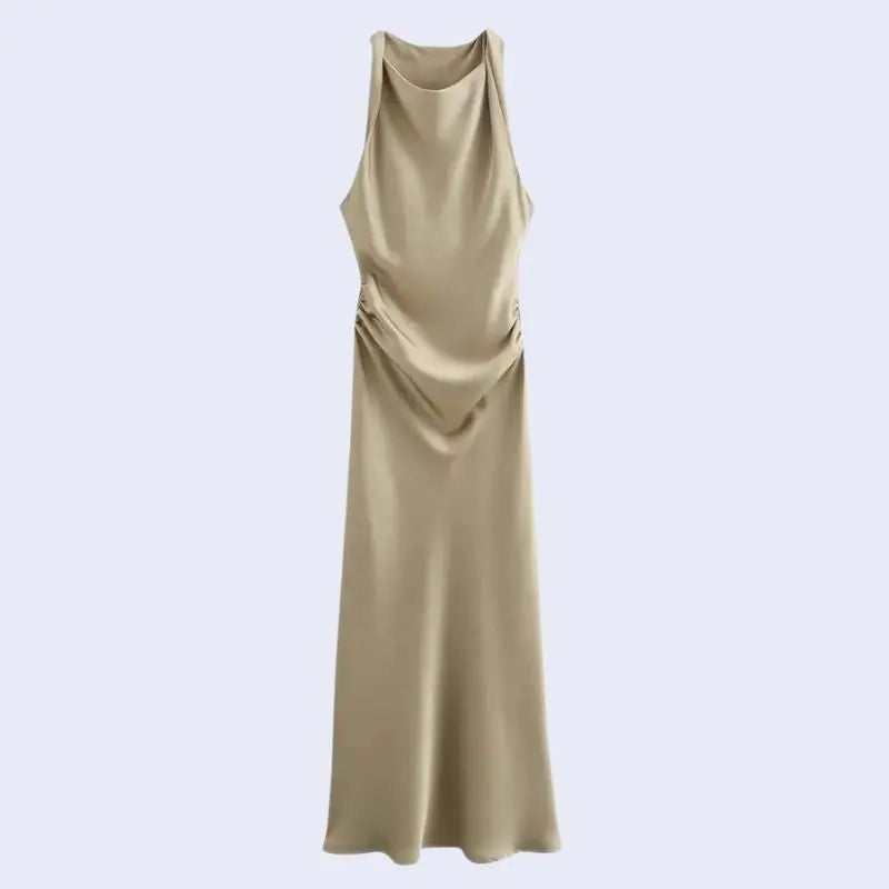 Robe longue sans manches effet plissée en satin couleur beige
