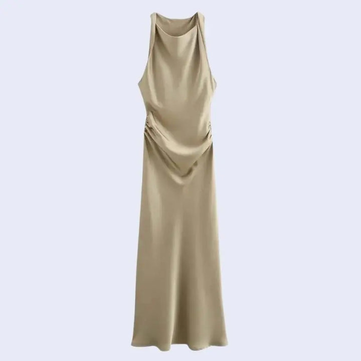 Robe longue sans manches effet plissée en satin couleur beige