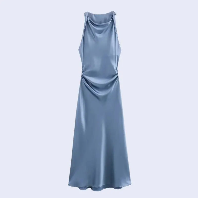 Robe longue sans manches effet plissée en satin couleur bleu acier