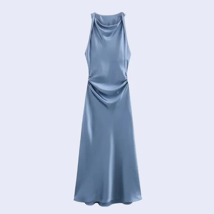 Robe longue sans manches effet plissée en satin couleur bleu acier