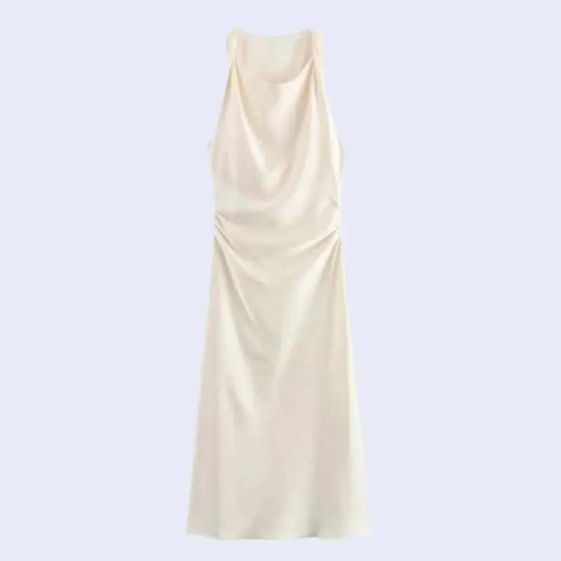 Robe longue sans manches effet plissée en satin couleur crème
