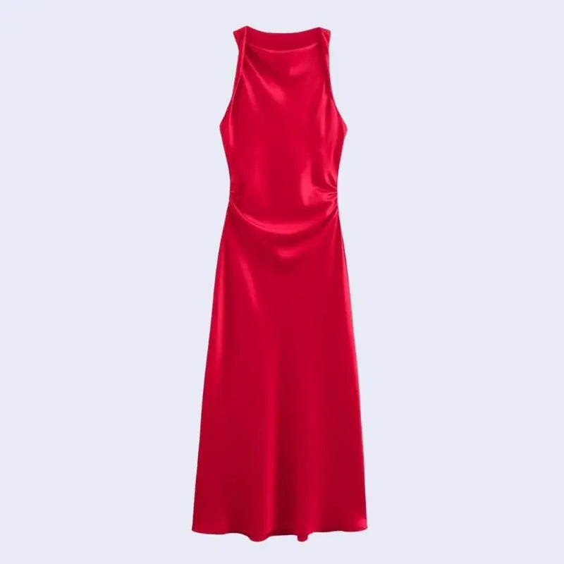 Robe longue sans manches effet plissée en satin couleur rouge