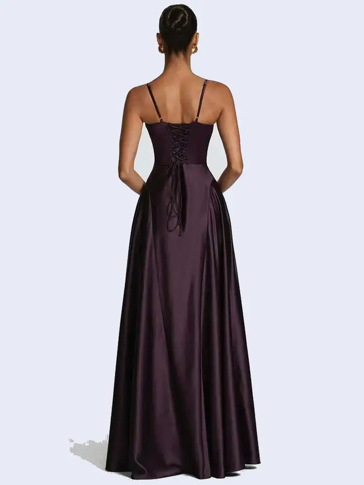 Robe longue trapèze décolleté en satin | Satin Lifestyle
