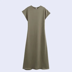 Robe longue unie manches chauve-souris en satin couleur kaki