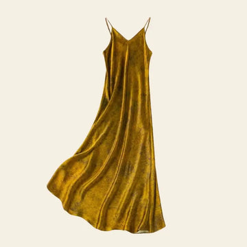 Robe mi-longue dorée motifs imprimés en soie de mûrier