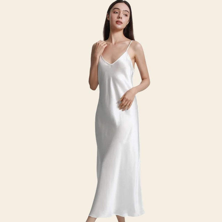 Robe de nuit longue unie en soie véritable blanc