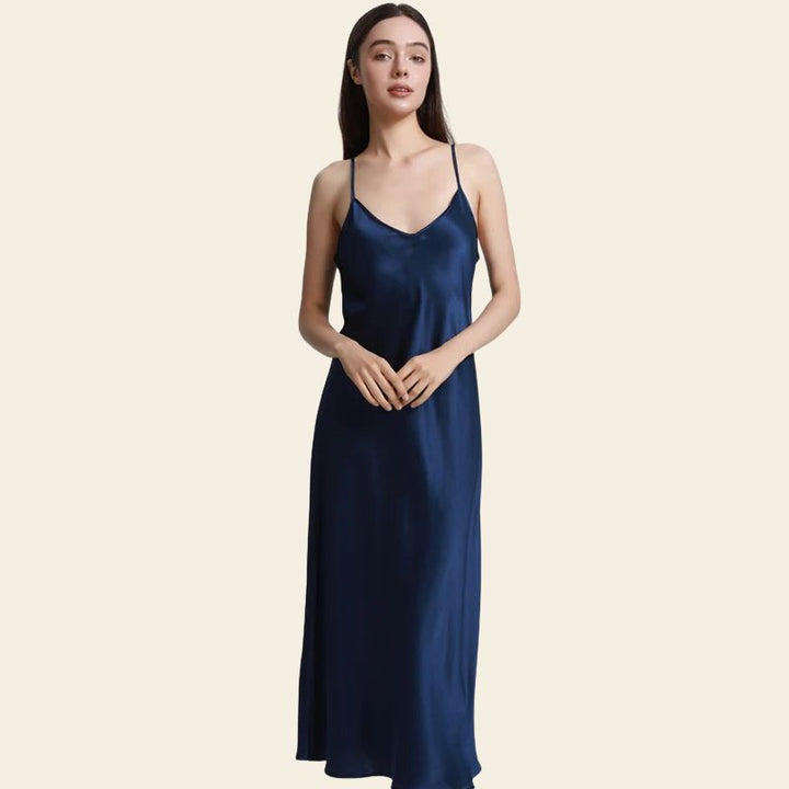 Robe de nuit longue unie en soie véritable bleu marine