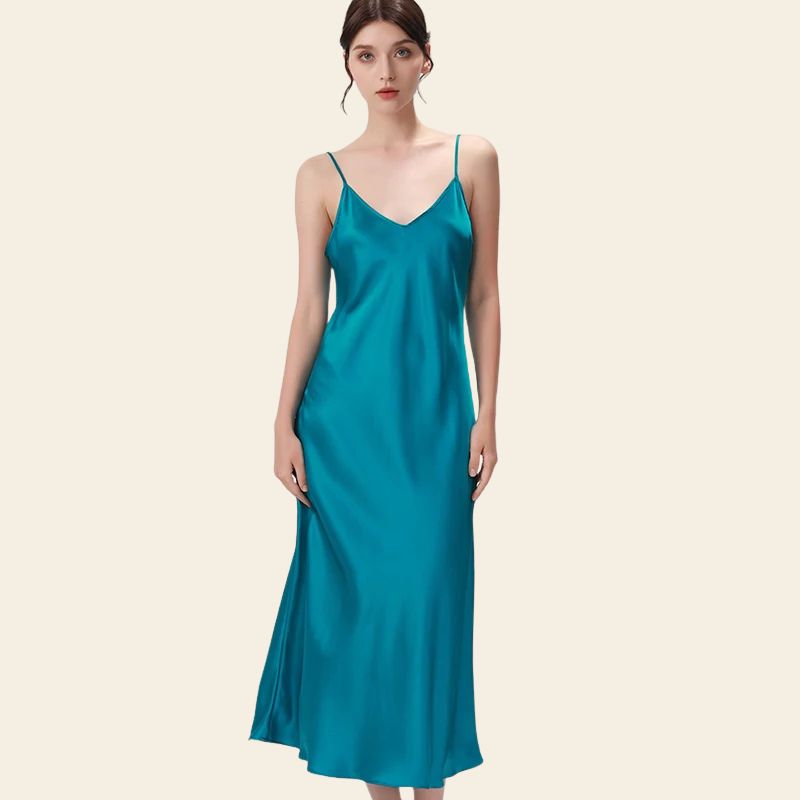 Robe de nuit longue unie en soie véritable bleu turquoise