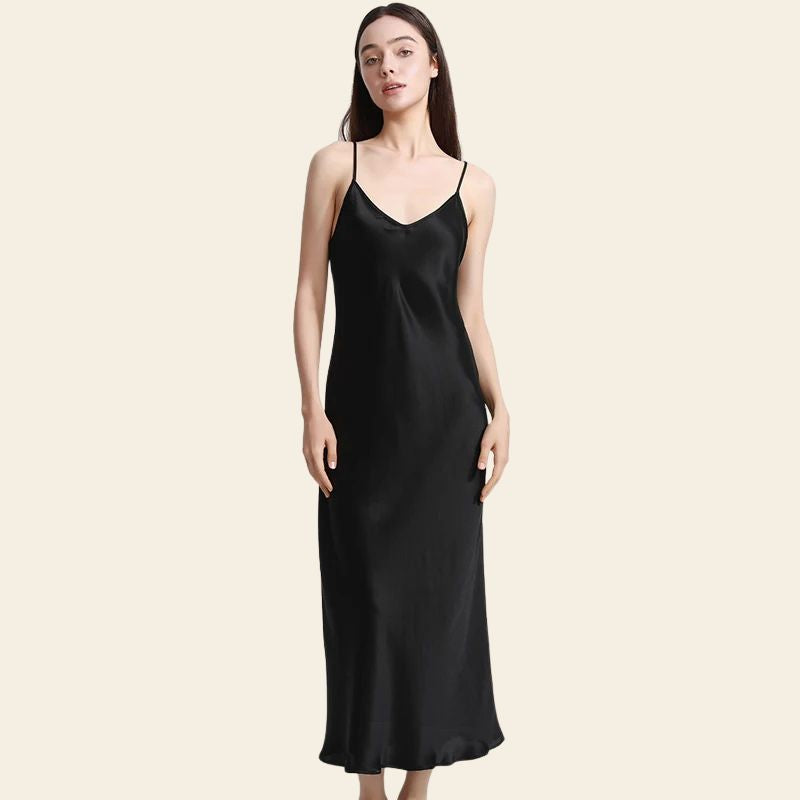 Robe de nuit longue unie en soie véritable noir