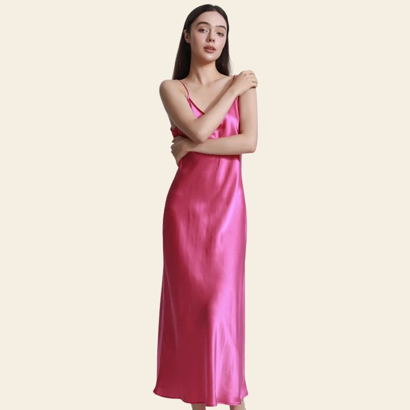 Robe de nuit longue unie en soie véritable rose fushia