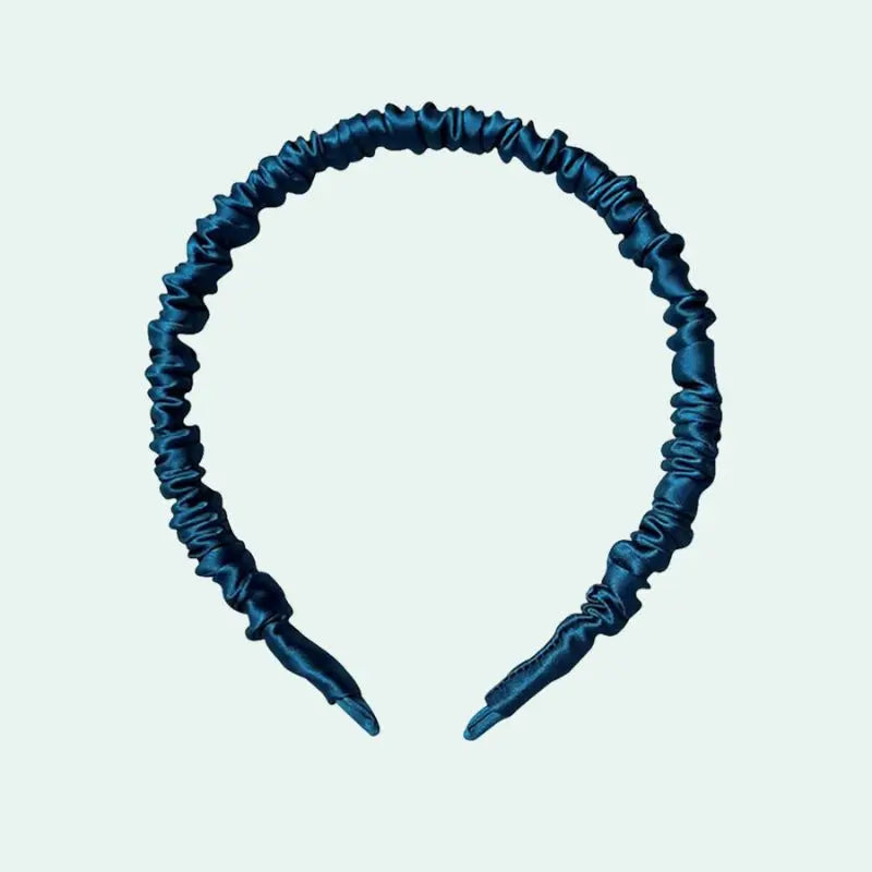 Serre-tête uni plissé en soie de mûrier bleu pétrole