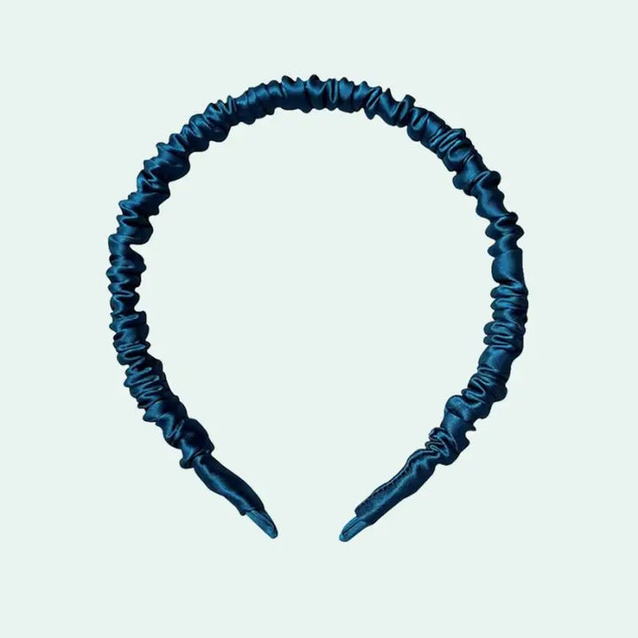 Serre-tête uni plissé en soie de mûrier bleu pétrole