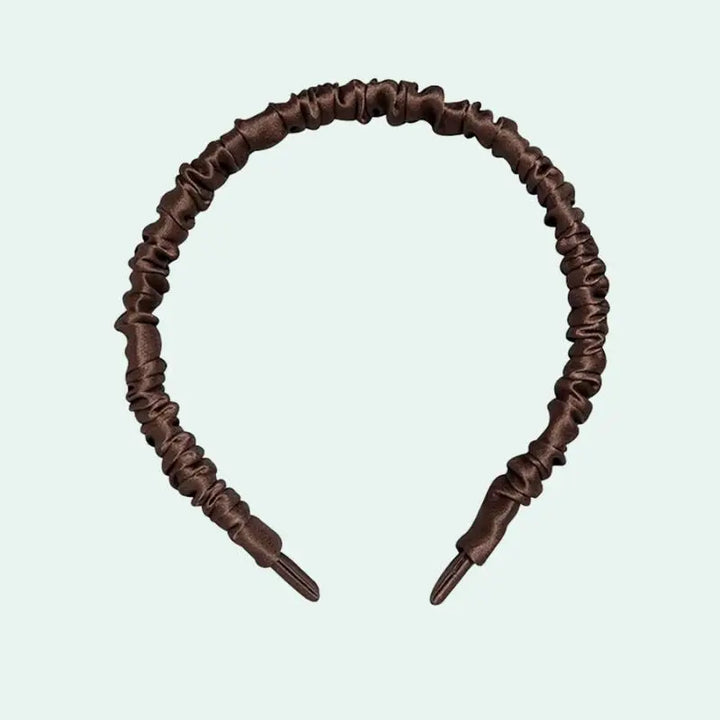 Serre-tête uni plissé en soie de mûrier marron