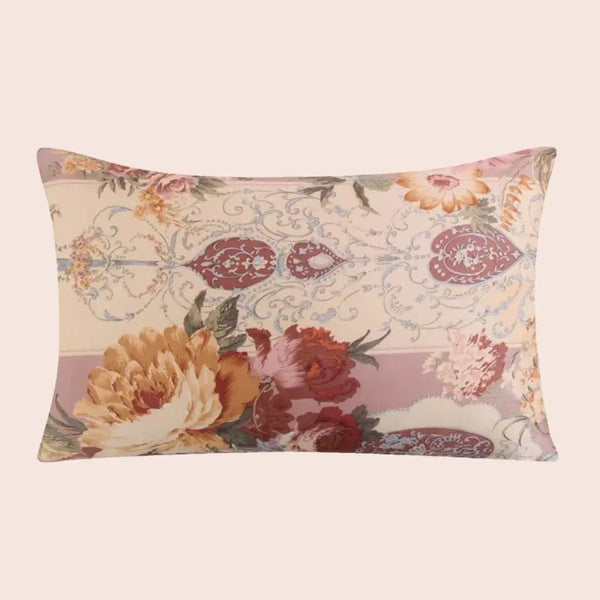 Taie d’oreiller en soie baroque floral beige et bordeaux