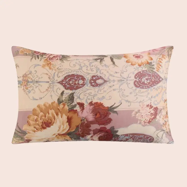 Taie d’oreiller en soie baroque floral beige et bordeaux